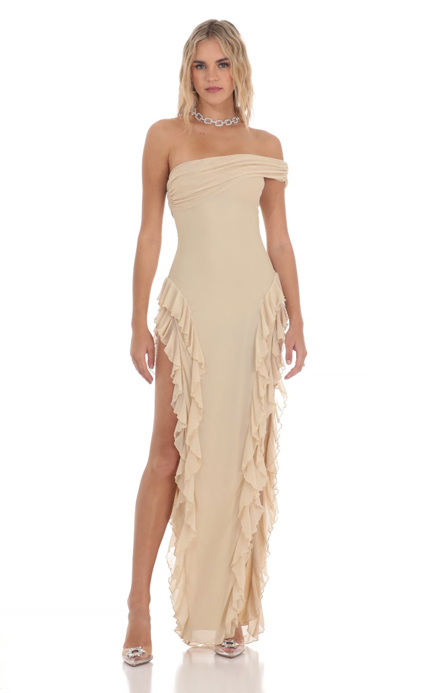 Picture Mesh Ruffle Off Shoulder Dress in Beige. Source: https://media-img.lucyinthesky.com/data/Mar24/850xAUTO/d032f201-8f36-4685-aedf-21864e7cea5d.jpg