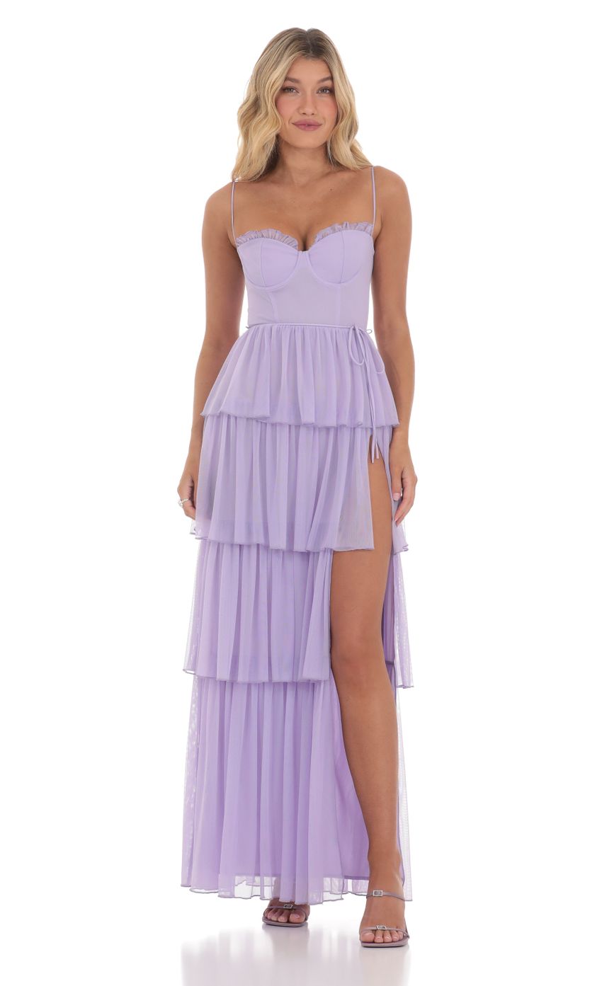 Picture Mesh Ruffle Maxi Dress in Lavender. Source: https://media-img.lucyinthesky.com/data/Mar24/850xAUTO/d2ff28a8-4222-4907-988d-cdd2fe00fc80.jpg