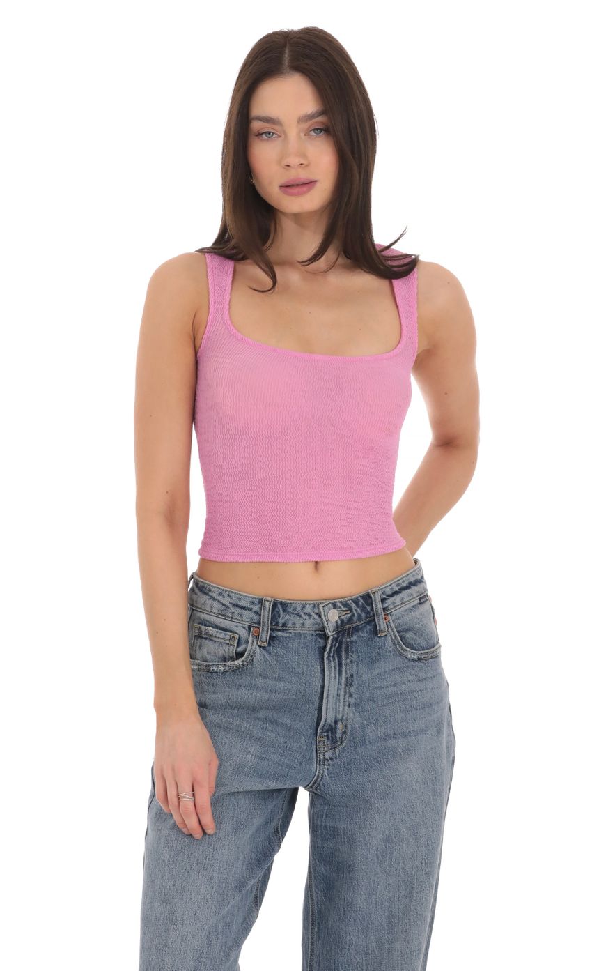Picture Textured Stretch Tank Top in Pink. Source: https://media-img.lucyinthesky.com/data/Mar24/850xAUTO/d5207dd1-3e84-48e3-baea-ce1559aaeaf3.jpg