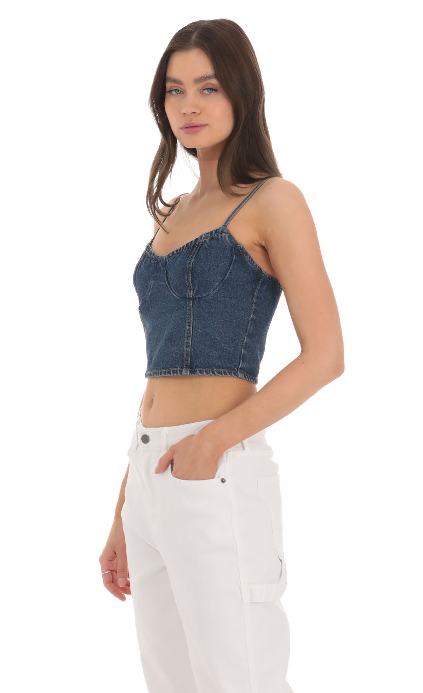 Picture Denim Crop Top in Blue. Source: https://media-img.lucyinthesky.com/data/Mar24/850xAUTO/d8985262-9b87-48ab-b4a5-669a714c3c39.jpg