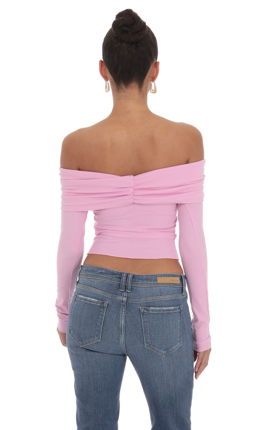 Picture Ribbed Off Shoulder Top in Pink. Source: https://media-img.lucyinthesky.com/data/Mar24/850xAUTO/d90cdcaf-4fb8-4757-b426-0d0fd4d70010.jpg