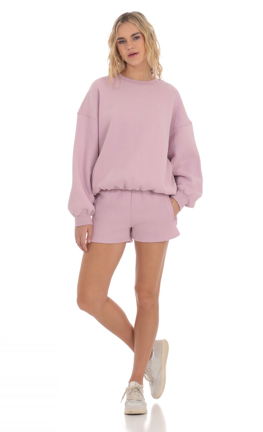 Picture Fleece Sweat Shorts in Light Lavender. Source: https://media-img.lucyinthesky.com/data/Mar24/850xAUTO/dd37e0cf-7443-4776-9c3f-6fc314073ceb.jpg