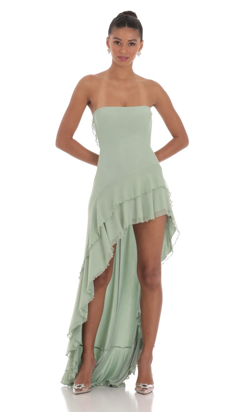 Picture Strapless Mesh High Low Dress in Sage. Source: https://media-img.lucyinthesky.com/data/Mar24/850xAUTO/e707b2d3-79f0-4b98-9390-e4f9cc2956f8.jpg
