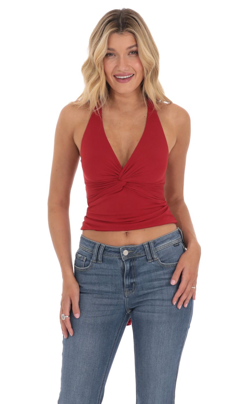 Picture Twist Cross Back Top in Red. Source: https://media-img.lucyinthesky.com/data/Mar24/850xAUTO/ec02e68f-03e2-49d2-9c77-c6ddbbdcf034.jpg
