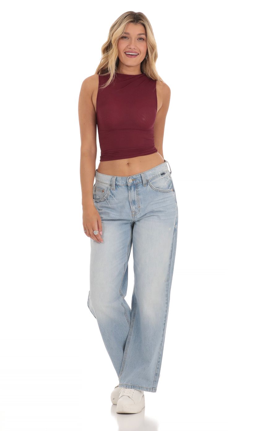 Picture Mesh Ruched Top in Maroon. Source: https://media-img.lucyinthesky.com/data/Mar24/850xAUTO/ef71db79-7c62-4cc8-9c9d-8250b7d6f6ca.jpg