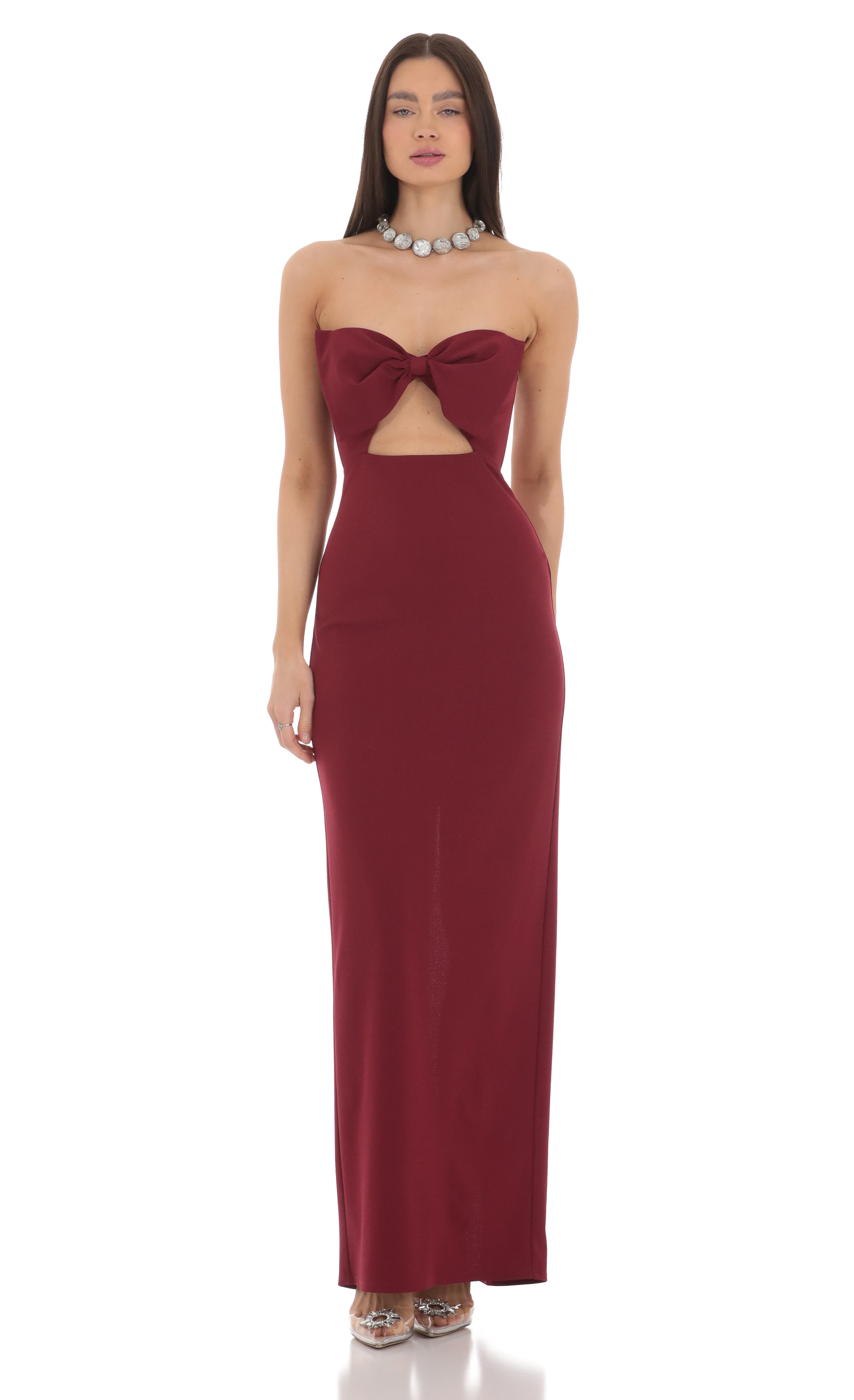 Bow Cutout Strapless Maxi Dress in Maroon