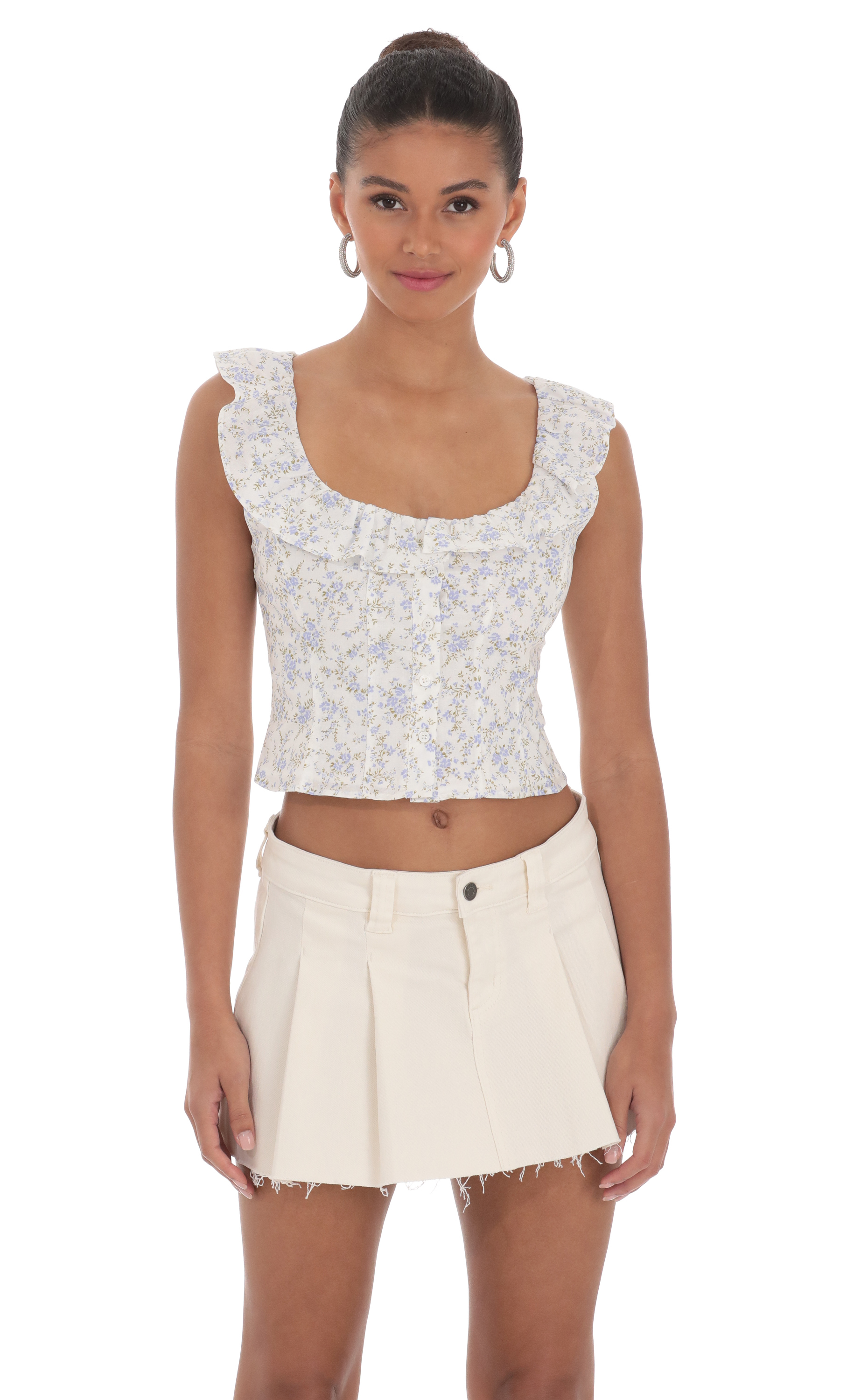 Linen Floral Top in White