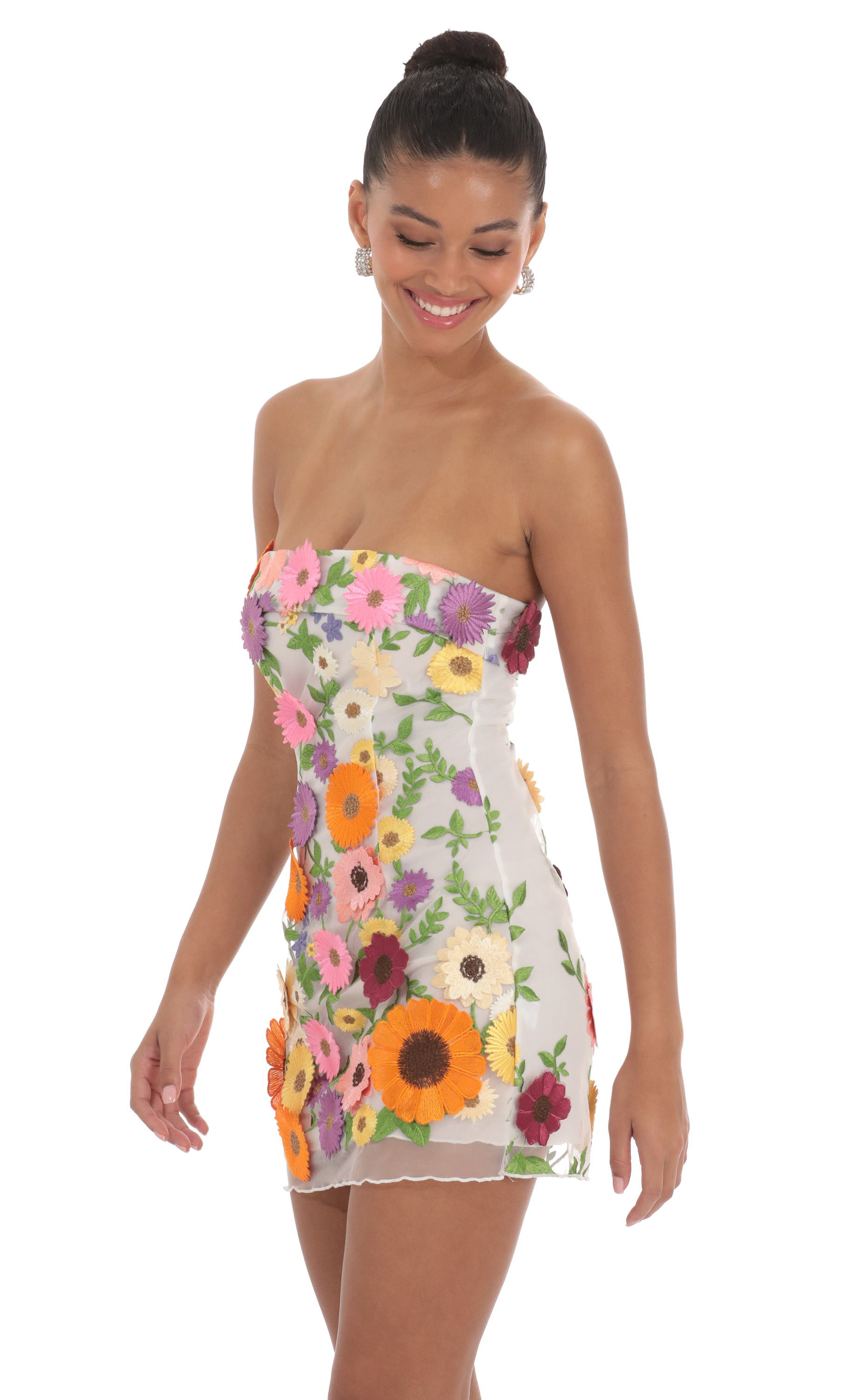 embroidered floral strapless dress in white lucy in the sky Floral Sequin Strapless Fit and Flare Dress in White