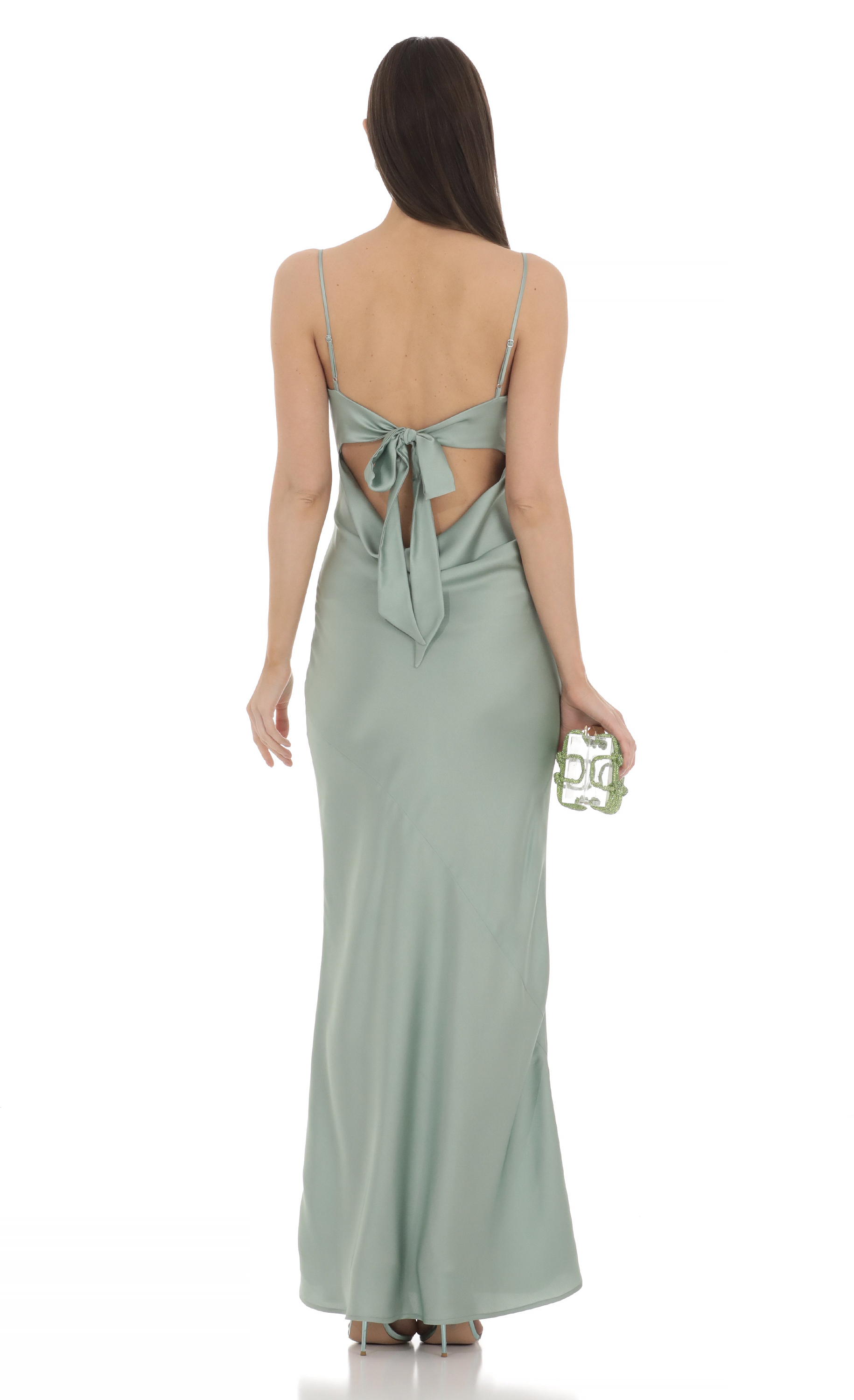 Satin Open Back Maxi Dress in Sage