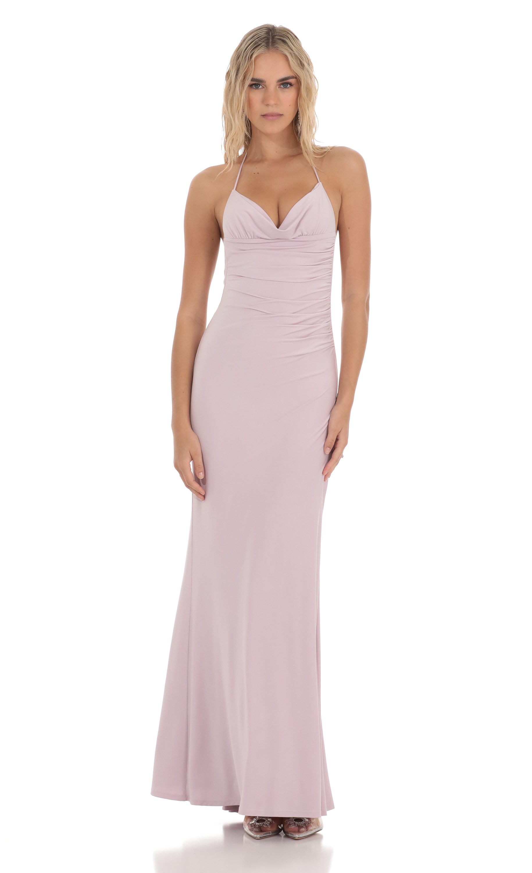 Halter Open Back Butterfly Maxi Dress in Lilac | LUCY IN THE SKY