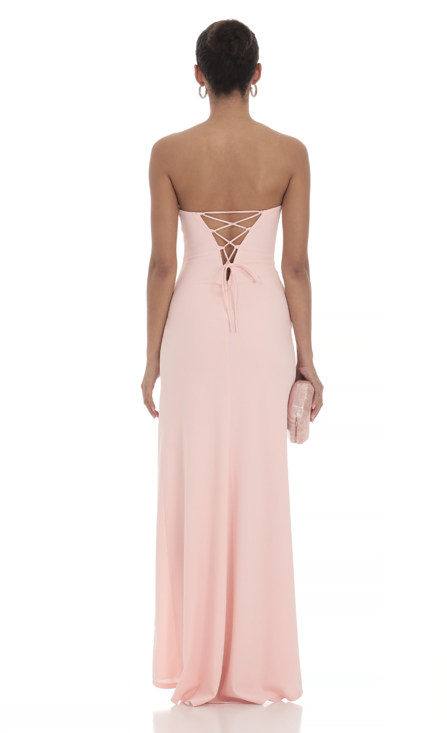 Ruched Strapless Corset Maxi Dress in Pink | LUCY IN THE SKY Ruched Strapless Corset Maxi Dress in Pink | LUCY IN THE SKY