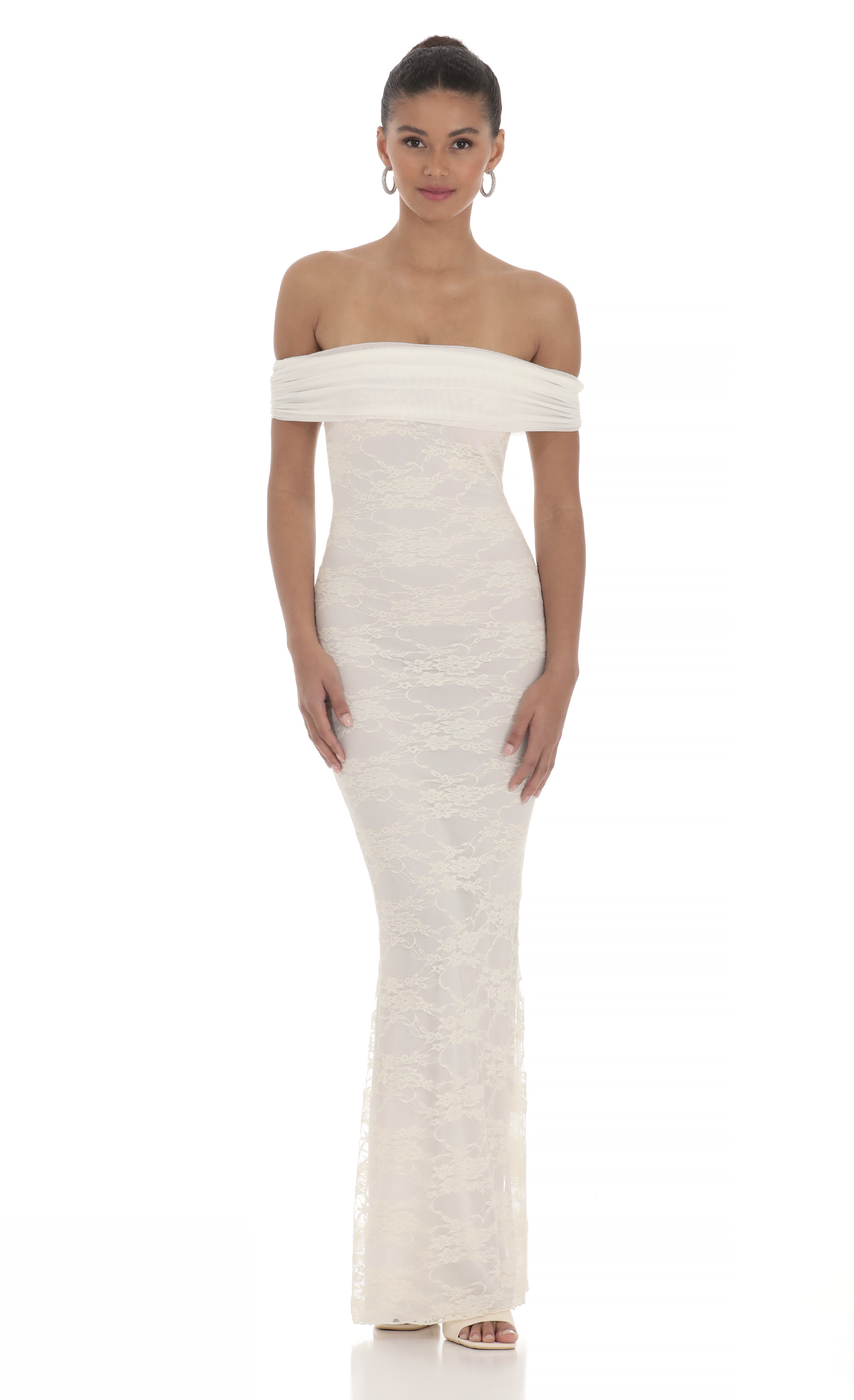 Off Shoulder Sheer Lace Maxi Dress in Cream | LUCY IN THE SKY Off Shoulder Sheer Lace Maxi Dress in Cream | LUCY IN THE SKY