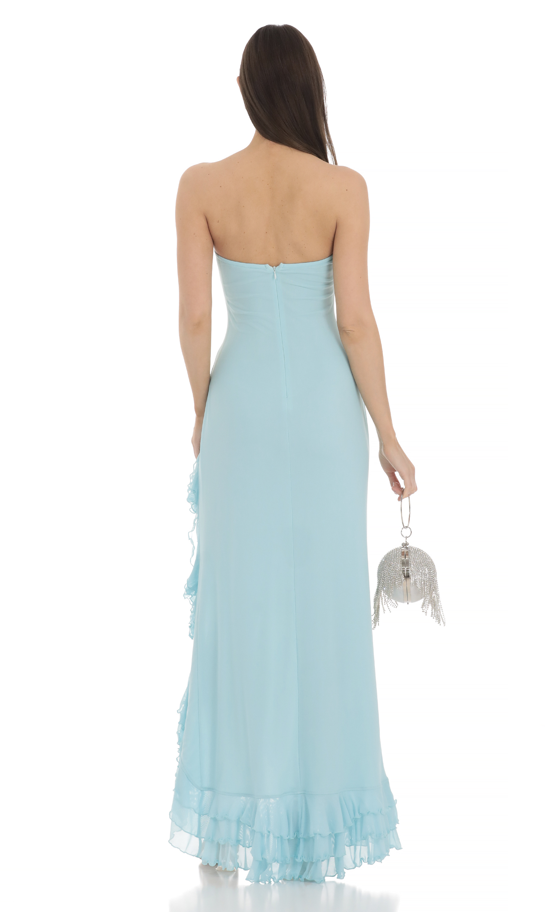 after hours light blue strapless ruffled maxi dress PRETTYGARDEN Womens Summer Strapless Maxi Dresses Ruffle Tube Asymmetr