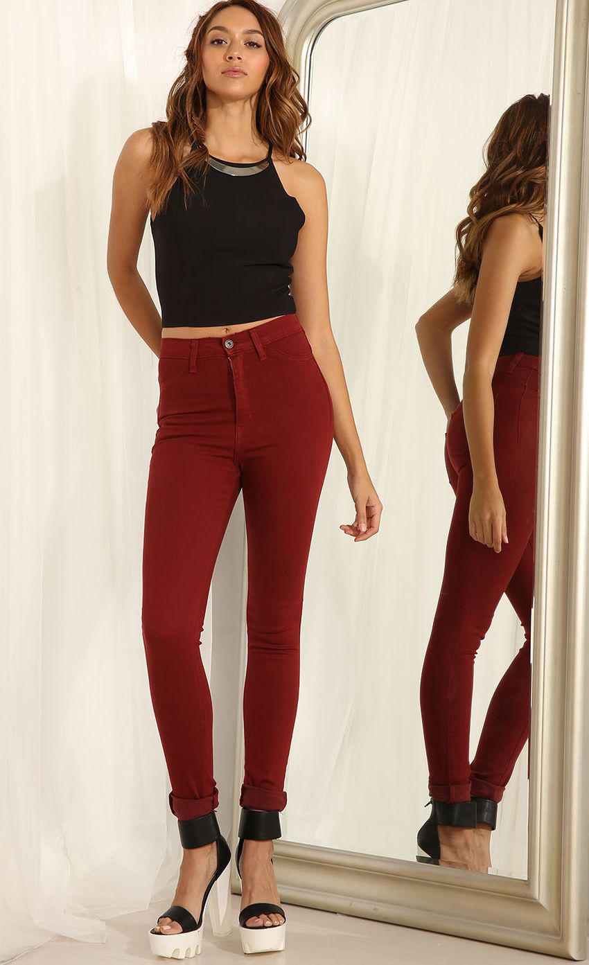 Picture Red High Waisted Skinny Jeans. Source: https://media-img.lucyinthesky.com/data/May15_1/850xAUTO/0Y5A3047F.JPG