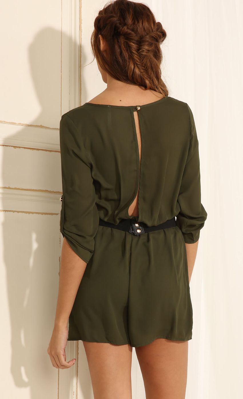Picture Olive Plunge Playsuit With Gold Accents. Source: https://media-img.lucyinthesky.com/data/May15_1/850xAUTO/0Y5A7382.JPG