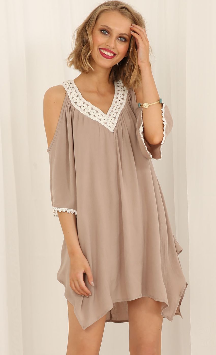 Picture Shoulderless Draped Dress With Lace Trim In Beige. Source: https://media-img.lucyinthesky.com/data/May15_2/850xAUTO/0Y5A2341.JPG