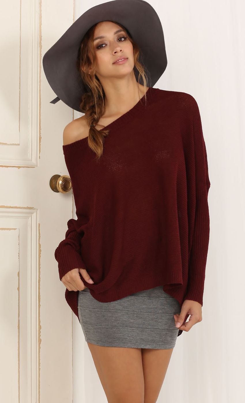 Picture Off-Shoulder Draped Jumper In Burgundy. Source: https://media-img.lucyinthesky.com/data/May15_2/850xAUTO/0Y5A5868.JPG