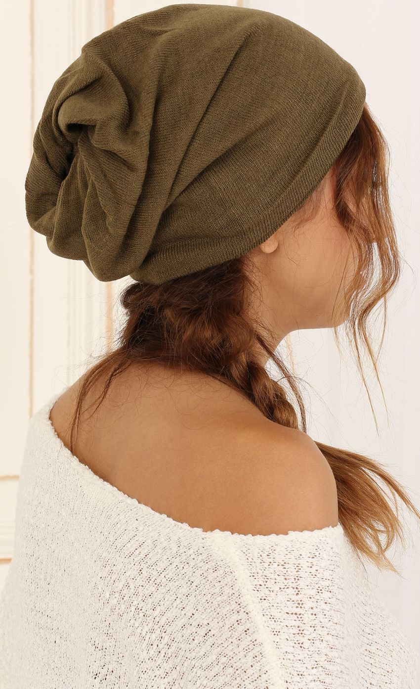 Picture Slouched Beanie In Olive. Source: https://media-img.lucyinthesky.com/data/May15_2/850xAUTO/0Y5A5993.JPG