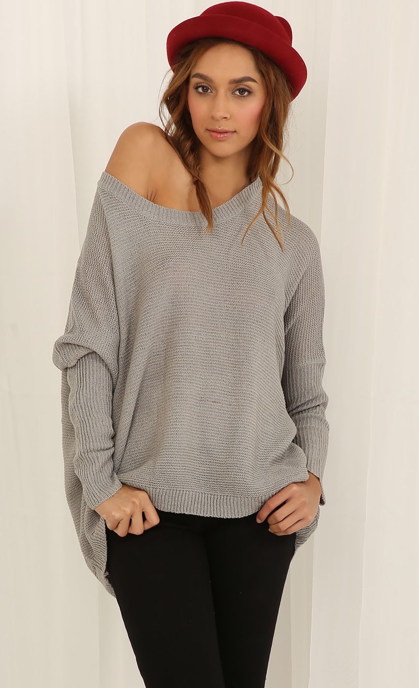 Picture Baggy Off-Shoulder Jumper In Gray. Source: https://media-img.lucyinthesky.com/data/May15_2/850xAUTO/0Y5A8211.JPG