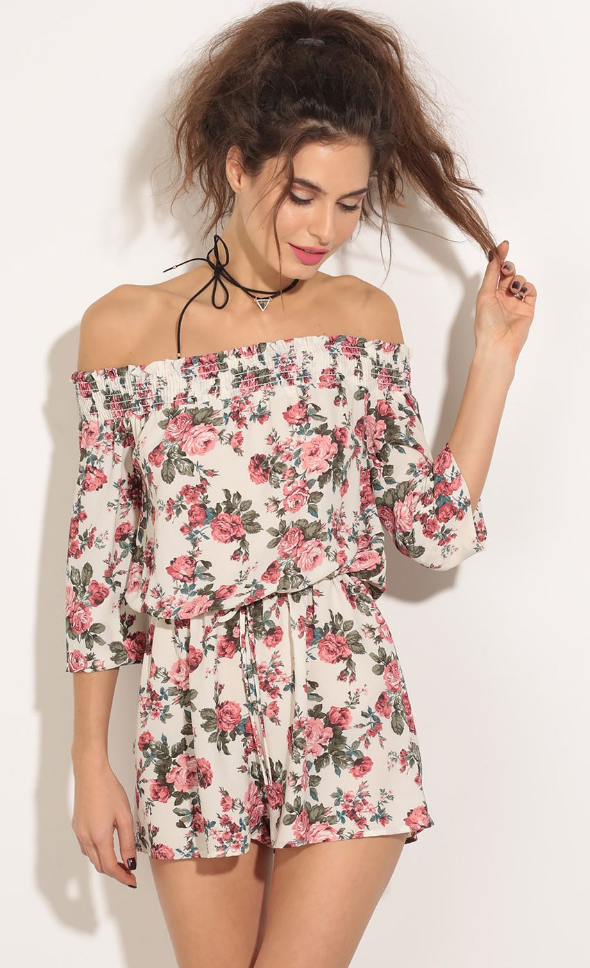 Picture Off The Shoulder Rose Romper In Cream. Source: https://media-img.lucyinthesky.com/data/May16_1/850xAUTO/0Y5A0530.JPG