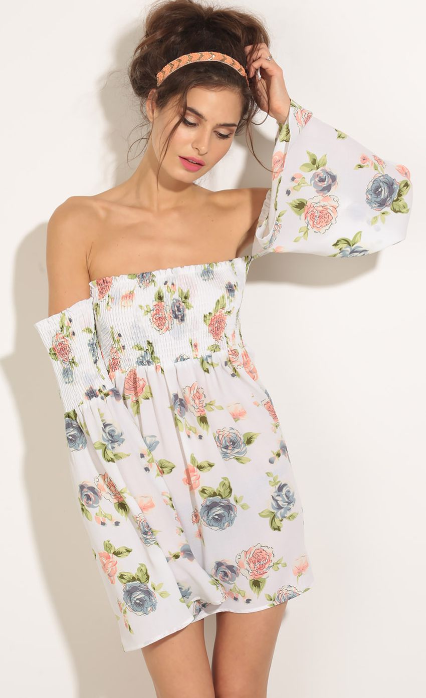 Picture Bell Sleeve Floral Print Day Dress In White. Source: https://media-img.lucyinthesky.com/data/May16_1/850xAUTO/0Y5A1732.JPG