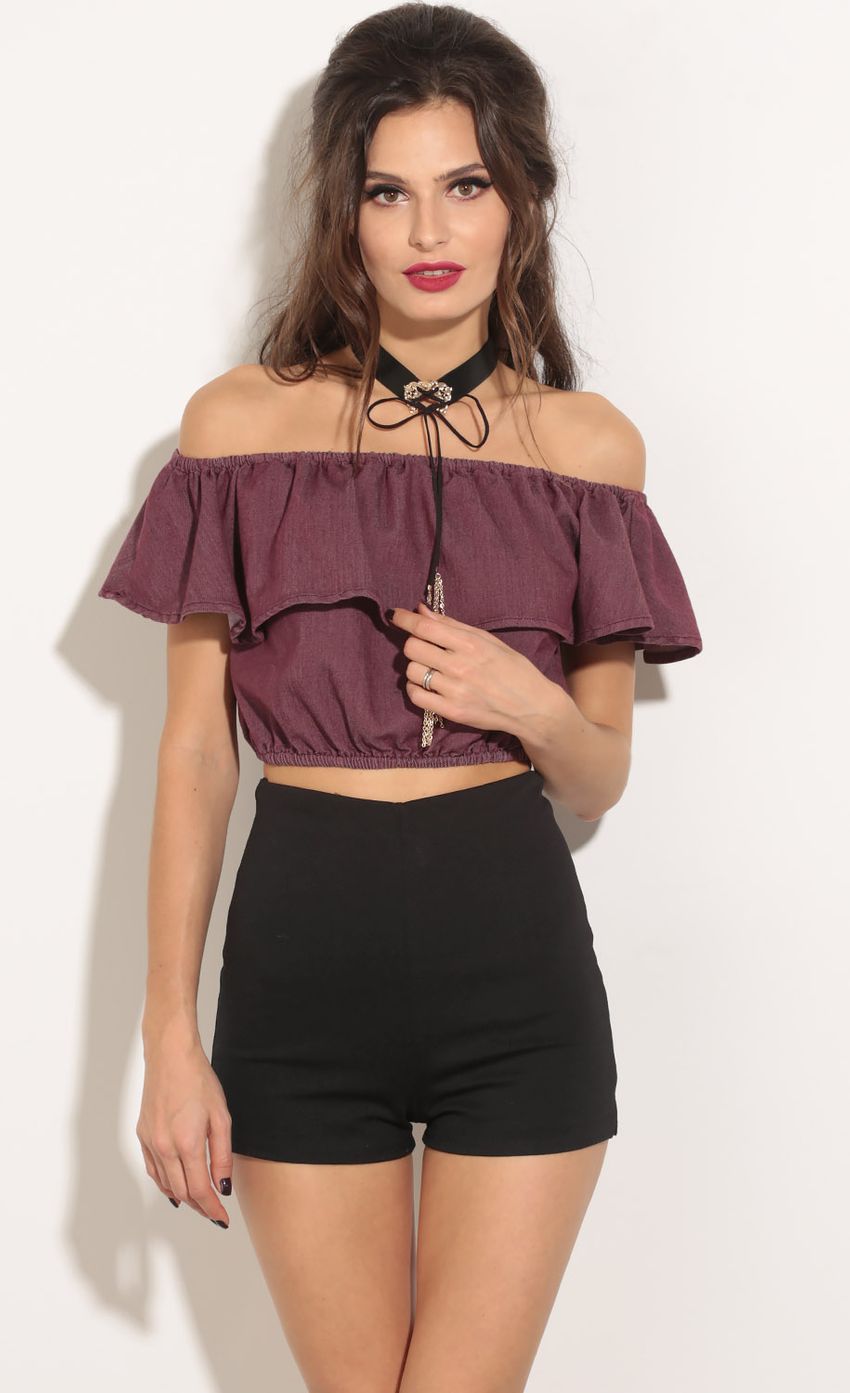 Picture Tiered Off The Shoulder Crop Top In Wine. Source: https://media-img.lucyinthesky.com/data/May16_1/850xAUTO/0Y5A5518.JPG