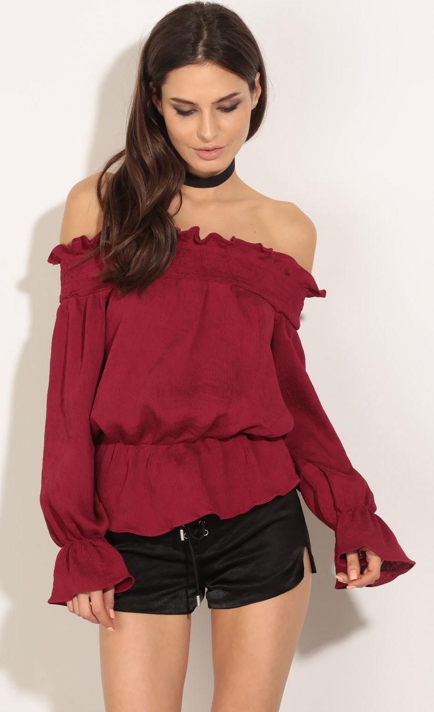 Picture Off The Shoulder Top In Burgundy. Source: https://media-img.lucyinthesky.com/data/May16_2/850xAUTO/0Y5A0771.JPG