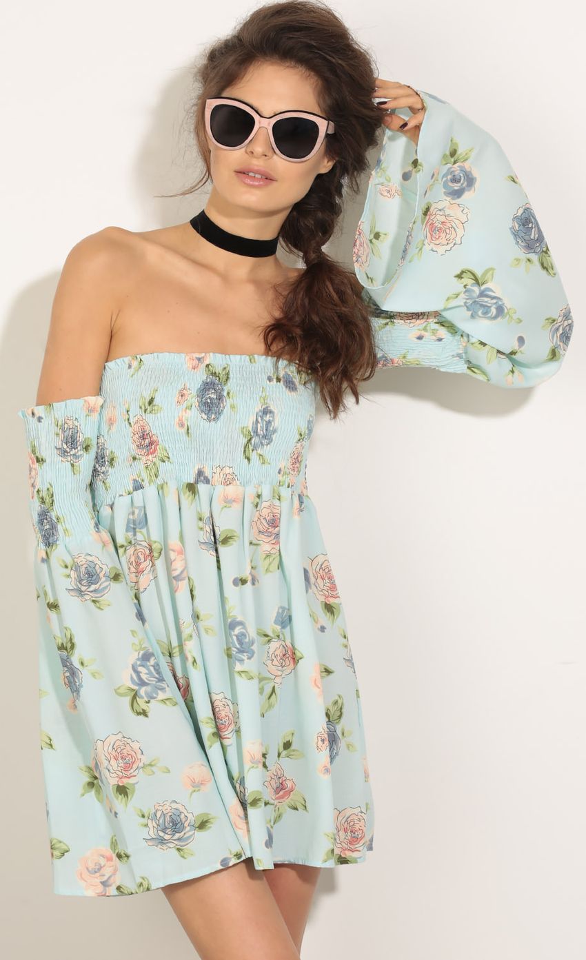 Picture Bell Sleeve Floral Print Day Dress In Mint. Source: https://media-img.lucyinthesky.com/data/May16_2/850xAUTO/0Y5A2242.JPG