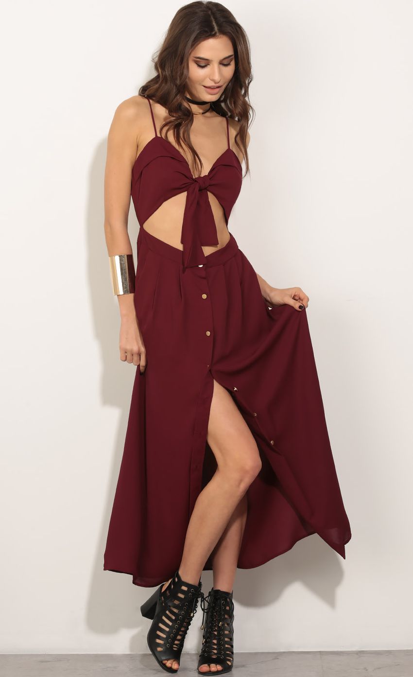 Picture Peek-A-Boo Button Up Maxi Dress In Wine. Source: https://media-img.lucyinthesky.com/data/May16_2/850xAUTO/0Y5A5443.JPG