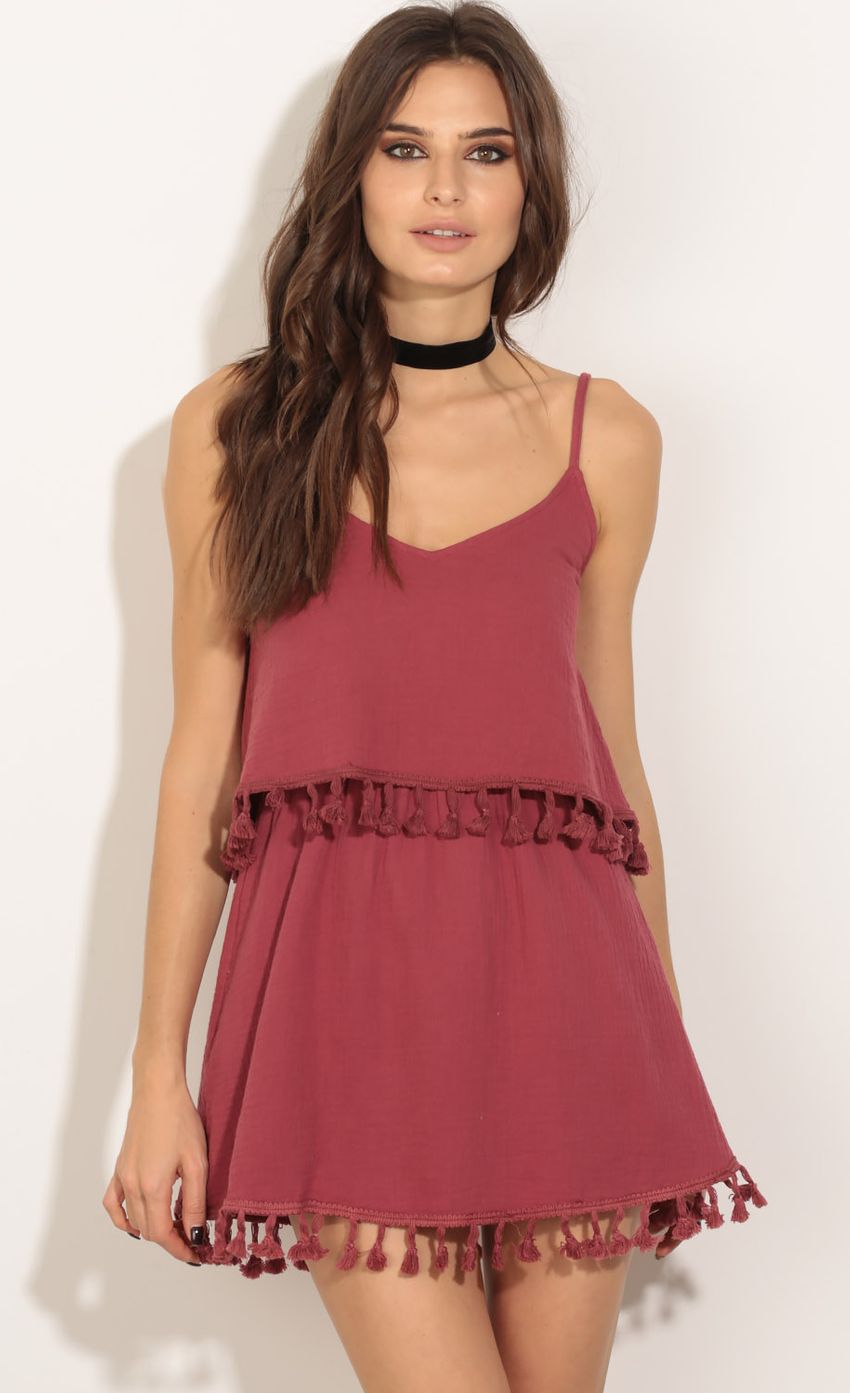 Picture Layered Tassel Romper In Wine. Source: https://media-img.lucyinthesky.com/data/May16_2/850xAUTO/0Y5A6410.JPG