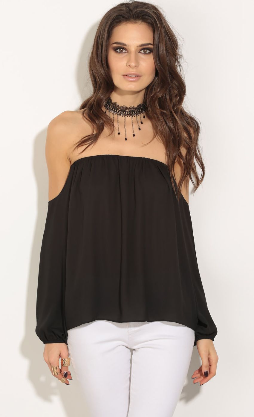 Picture Off The Shoulder Chiffon Top In Black. Source: https://media-img.lucyinthesky.com/data/May16_2/850xAUTO/0Y5A9905.JPG