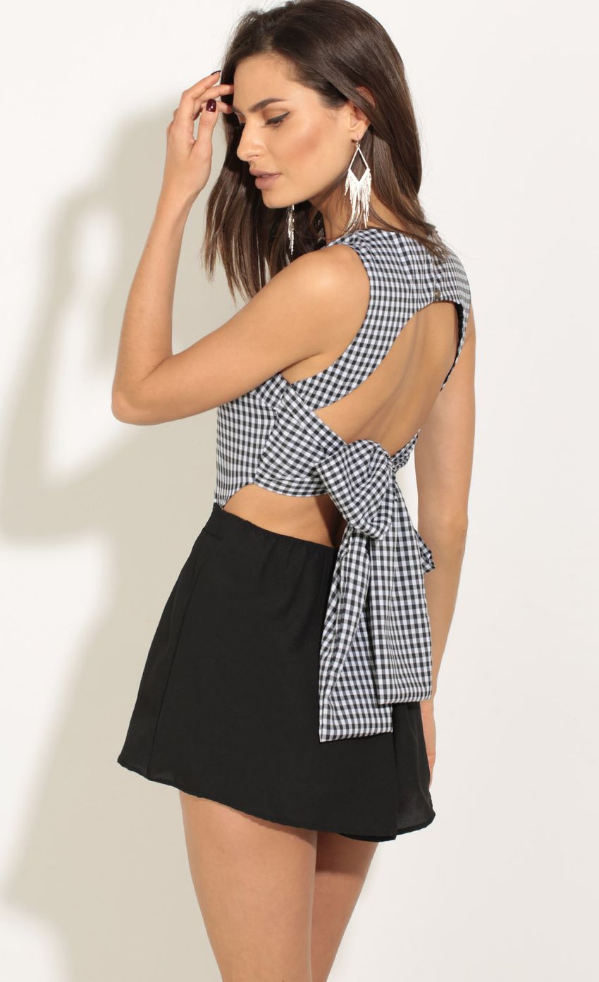 Picture Checkered Tie-Back Romper In Black. Source: https://media-img.lucyinthesky.com/data/May17_1/850xAUTO/0Y5A1397.JPG