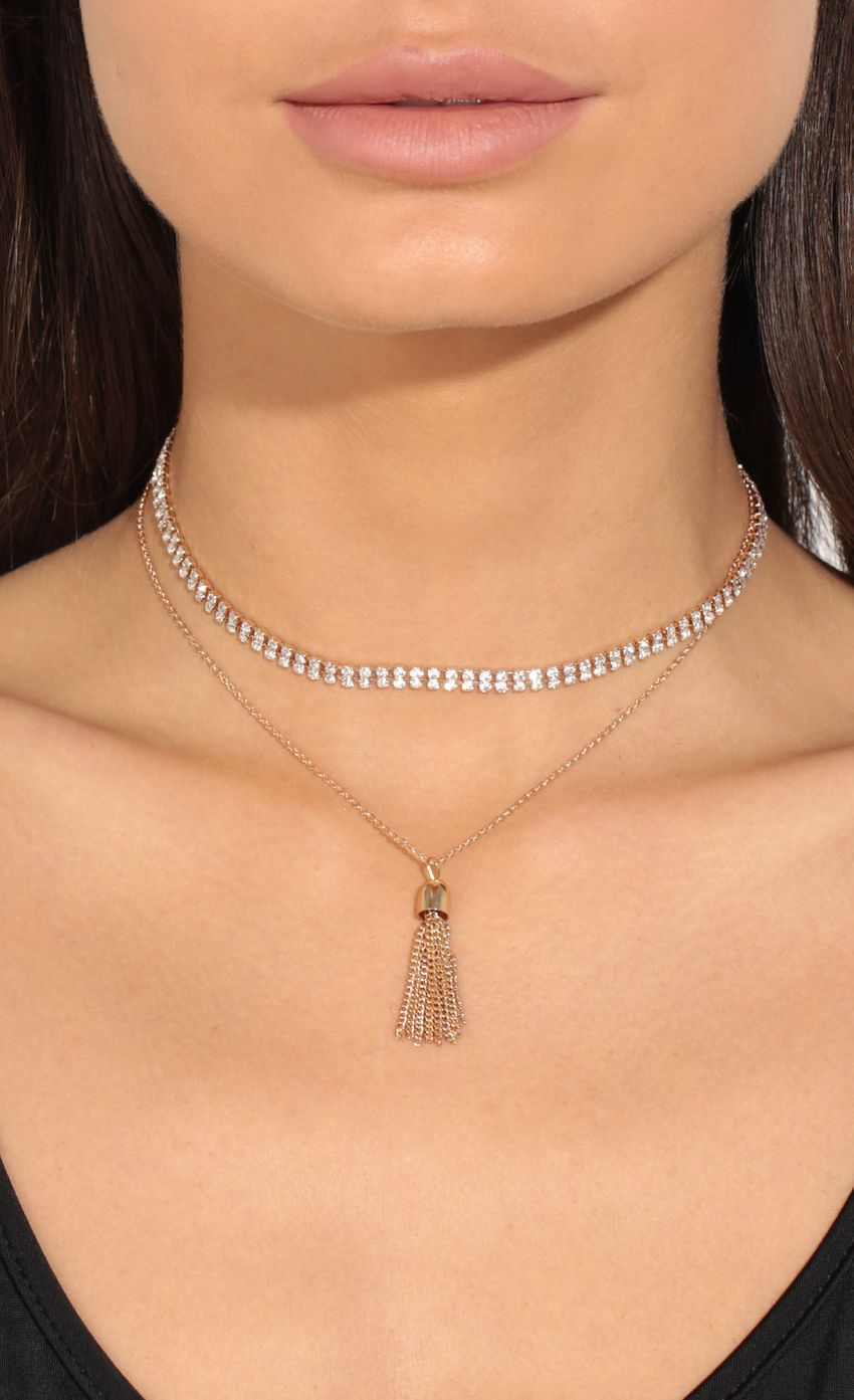 Picture Layered Tassel Choker Necklace In Gold. Source: https://media-img.lucyinthesky.com/data/May17_2/850xAUTO/0Y5A6587.JPG