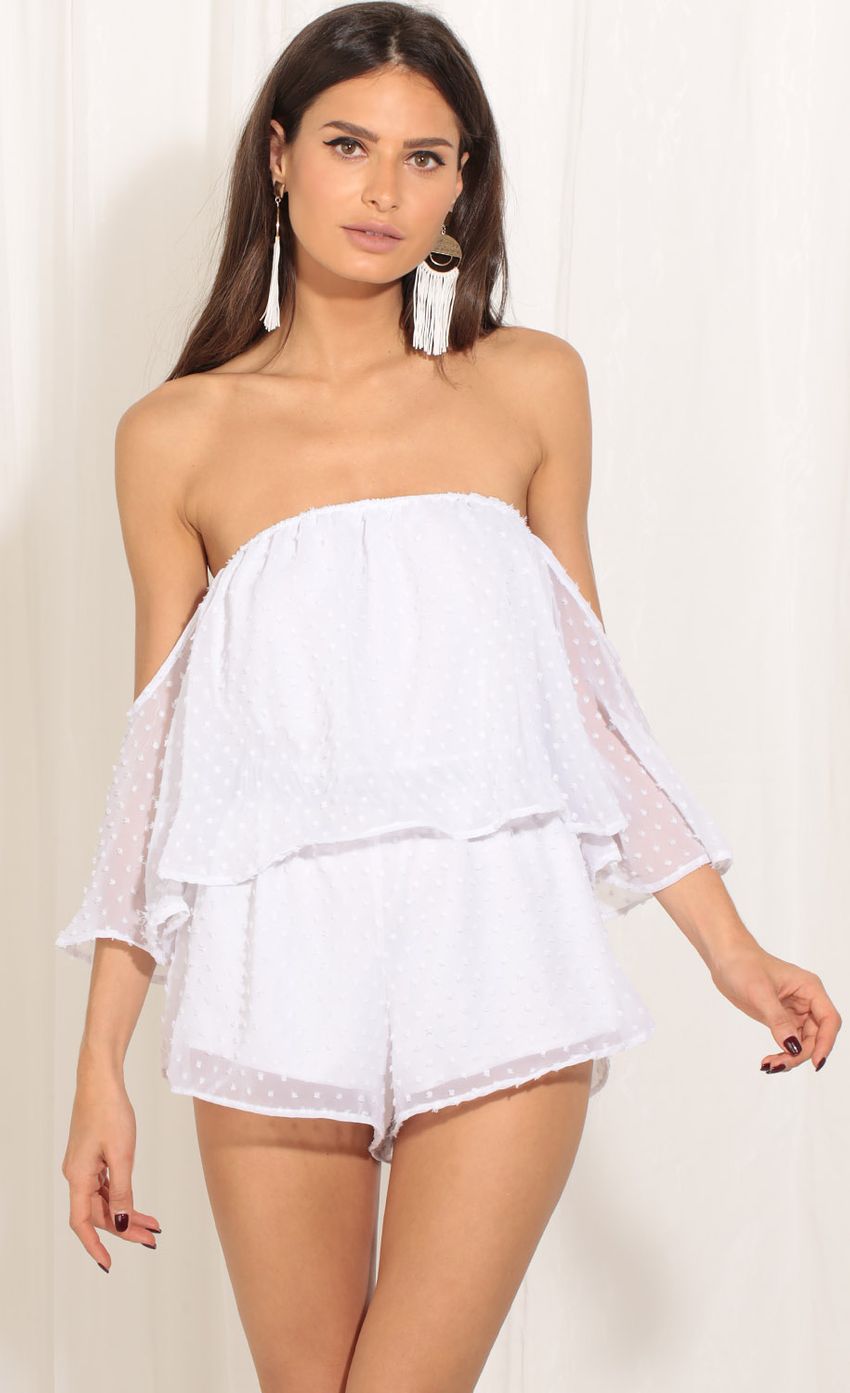 Picture Textured Polka Dot Romper In White. Source: https://media-img.lucyinthesky.com/data/May17_2/850xAUTO/0Y5A9022.JPG