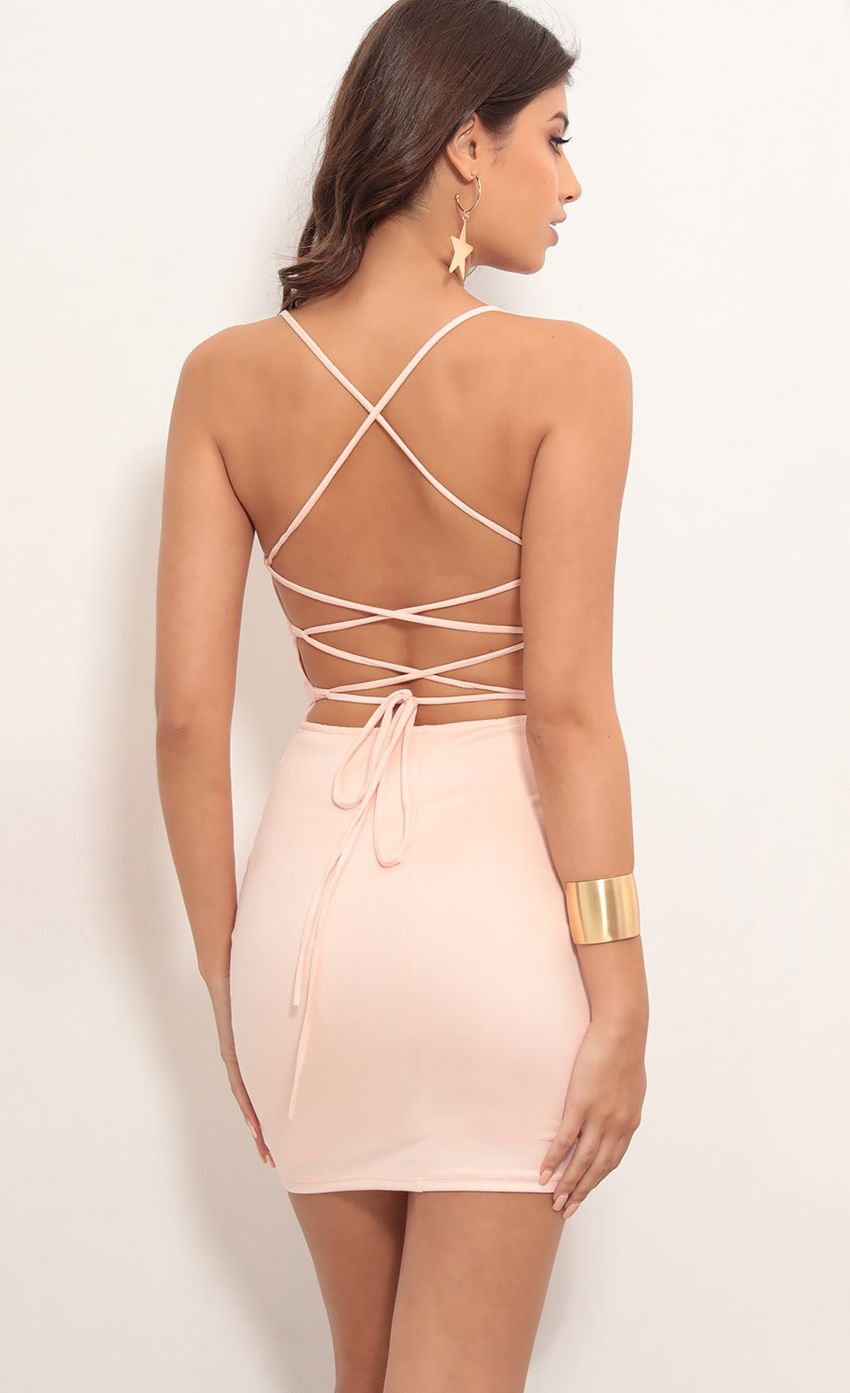 Picture Lace Back Suede  Bodycon Dress In Light Coral. Source: https://media-img.lucyinthesky.com/data/May19_1/850xAUTO/781A5200.JPG