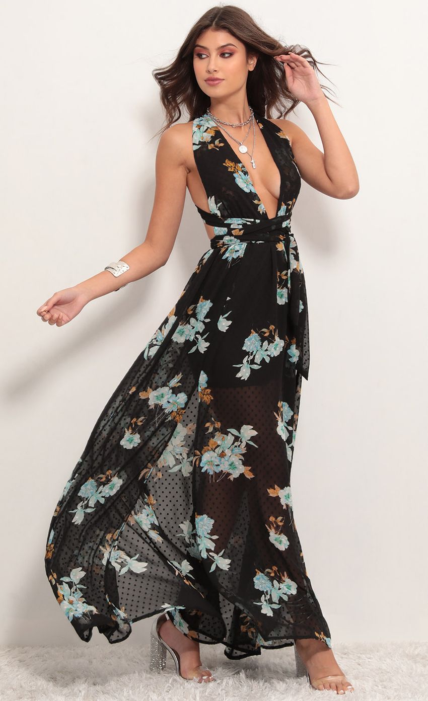 Picture Samara Blue Floral Maxi Dress in Black. Source: https://media-img.lucyinthesky.com/data/May19_1/850xAUTO/781A6934.JPG