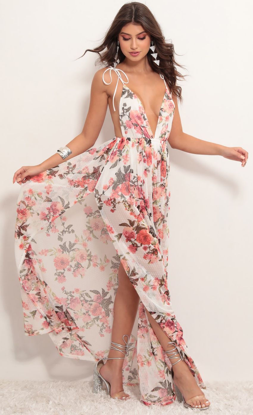 Picture Skylar Love Ties Maxi Dress in White Floral Polka Dot. Source: https://media-img.lucyinthesky.com/data/May19_1/850xAUTO/781A7156.JPG