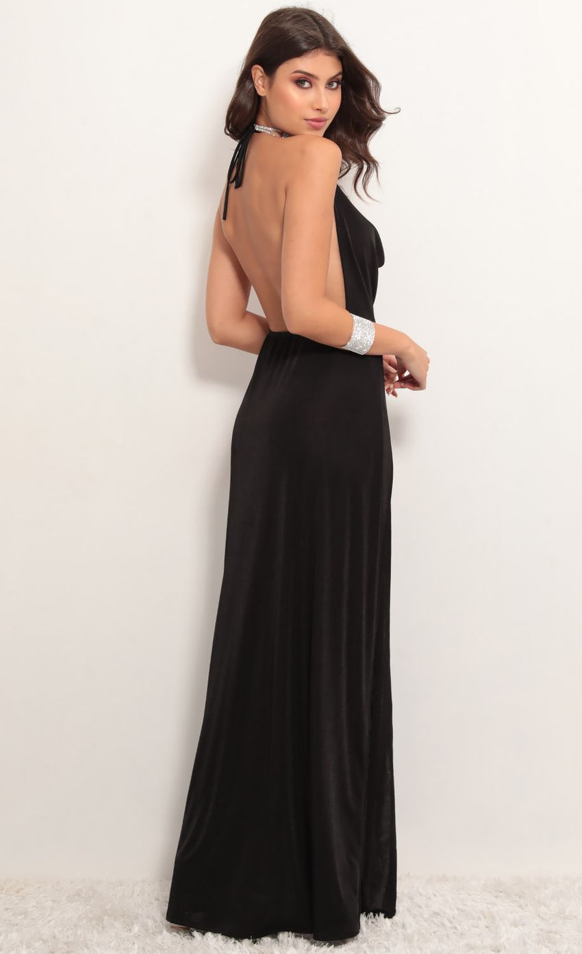 Picture Kaira Cowl Neck Maxi Dress in Black. Source: https://media-img.lucyinthesky.com/data/May19_1/850xAUTO/781A7257.JPG
