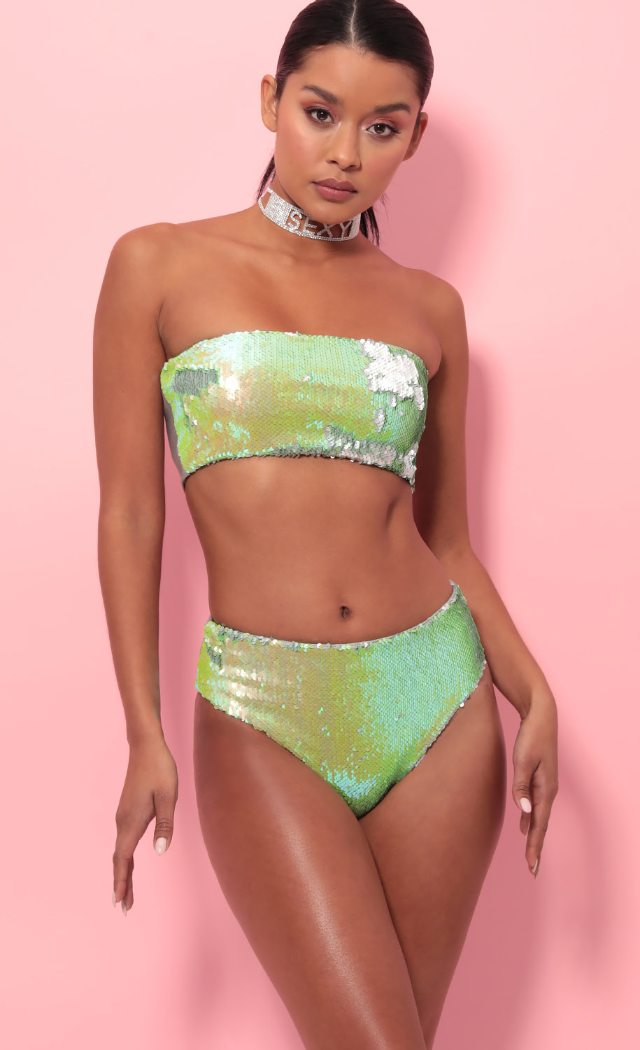 Party Sequin Swim Set in Lime Green