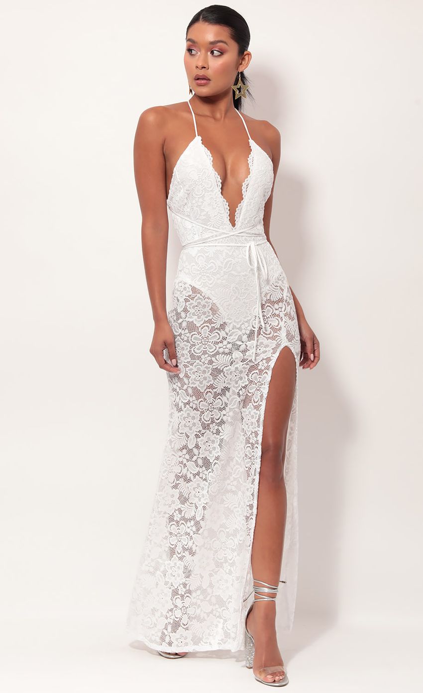 Picture Daniela Plunge Lace Maxi Dress in White. Source: https://media-img.lucyinthesky.com/data/May19_2/850xAUTO/781A0311.JPG