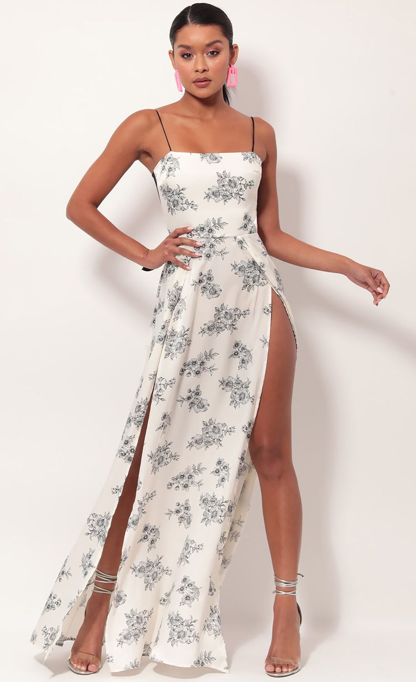 Picture Gala Floral Satin Maxi Dress in White Black. Source: https://media-img.lucyinthesky.com/data/May19_2/850xAUTO/781A0351.JPG