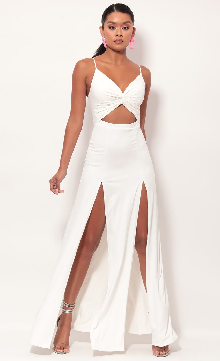 Picture Moonlight Suede Maxi Dress in Ivory. Source: https://media-img.lucyinthesky.com/data/May19_2/850xAUTO/781A0401.JPG