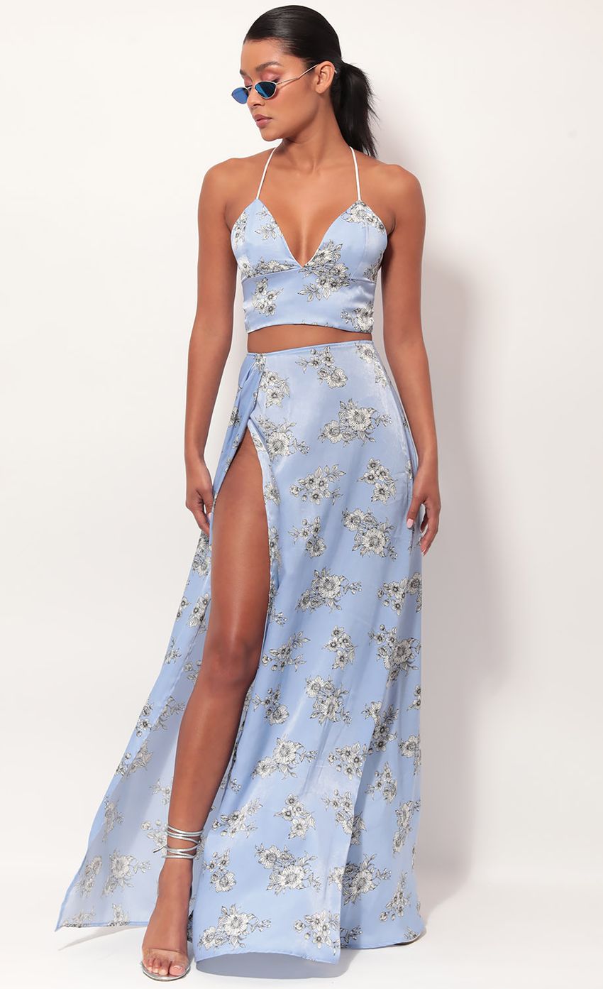 Picture Madeline Floral Satin Maxi Set in Blue. Source: https://media-img.lucyinthesky.com/data/May19_2/850xAUTO/781A0475.JPG