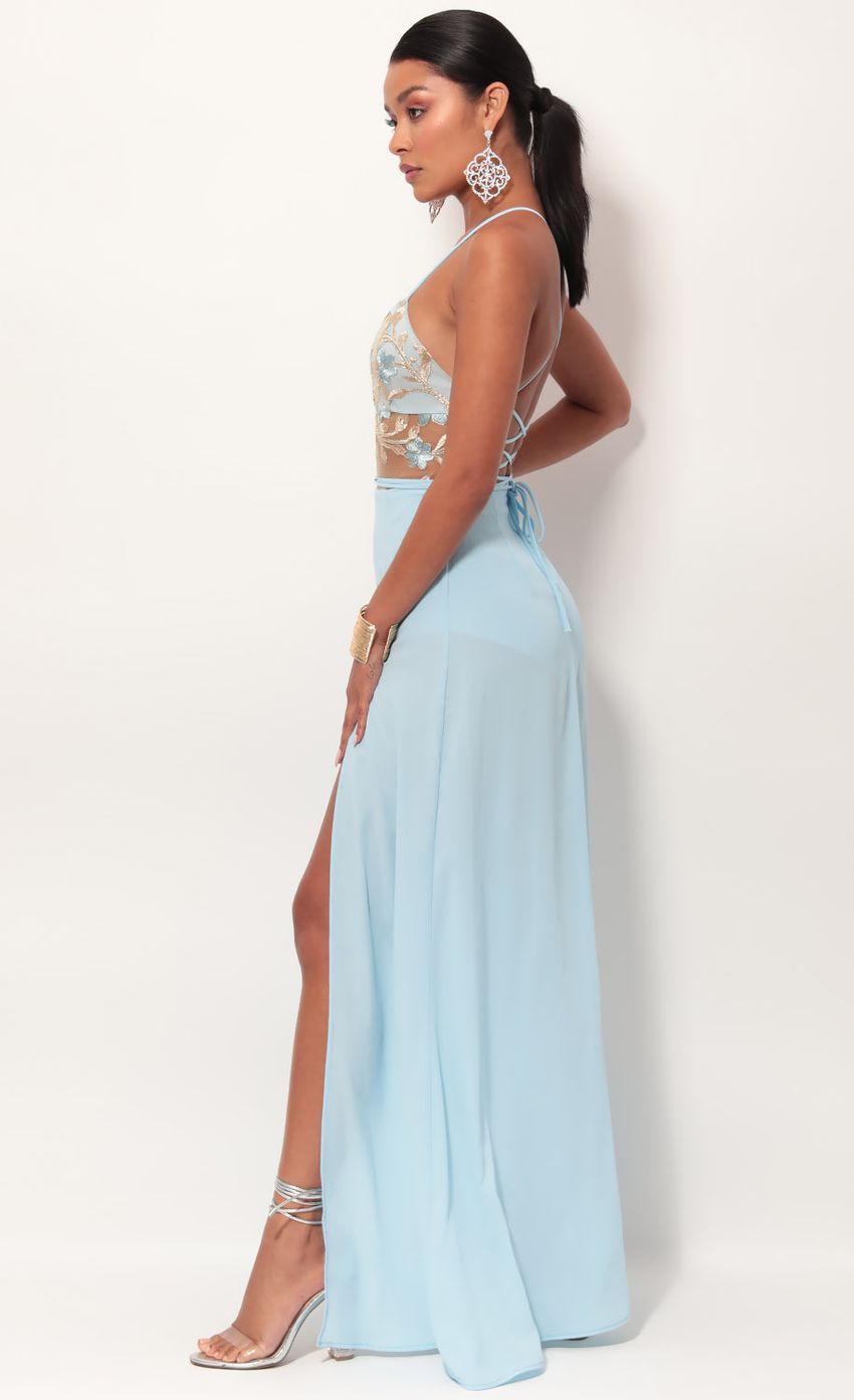 Picture Gold Lace Maxi Dress in Sky Blue. Source: https://media-img.lucyinthesky.com/data/May19_2/850xAUTO/781A1723.JPG