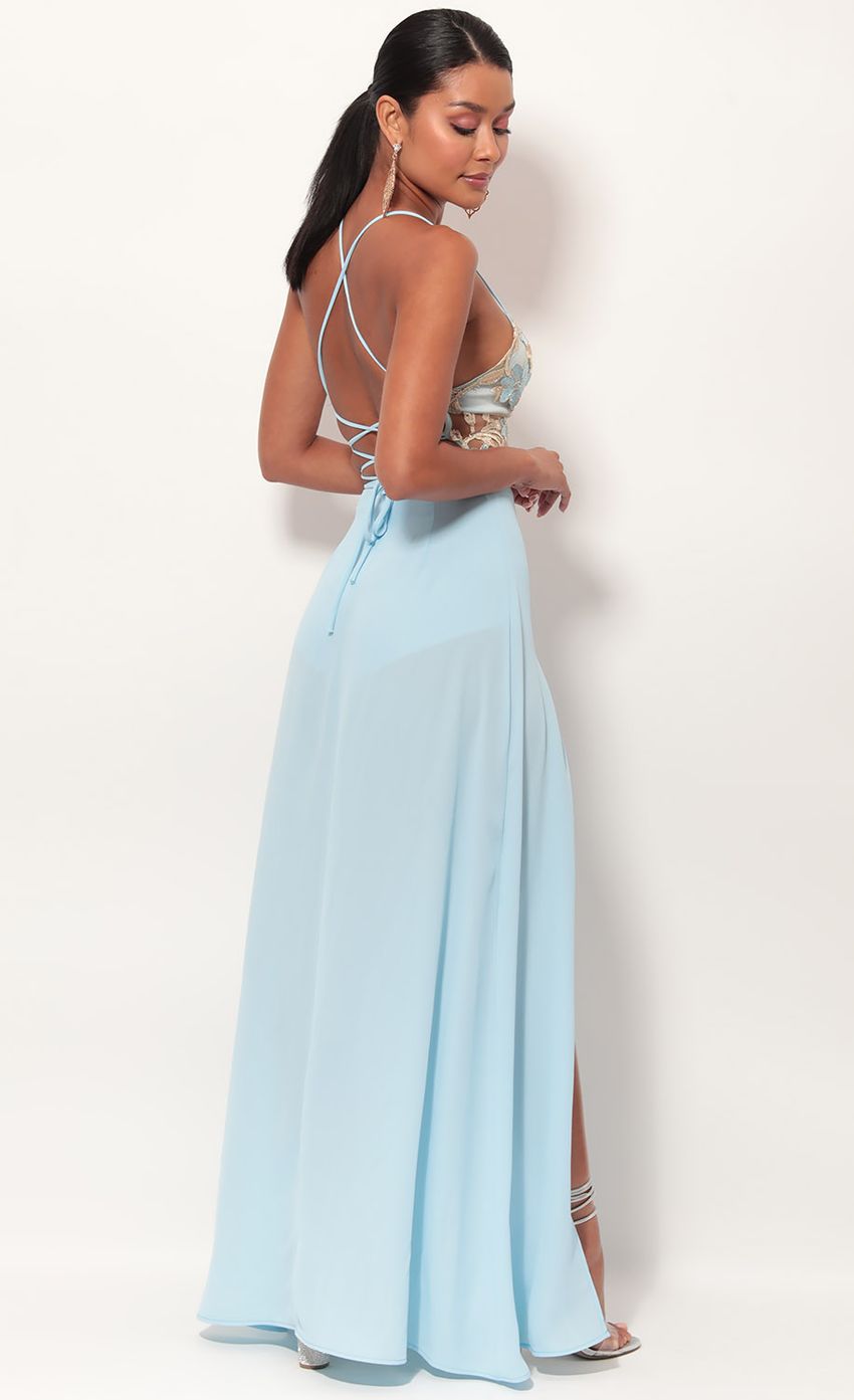 Picture Gold Lace Maxi Dress in Sky Blue. Source: https://media-img.lucyinthesky.com/data/May19_2/850xAUTO/781A1737.JPG