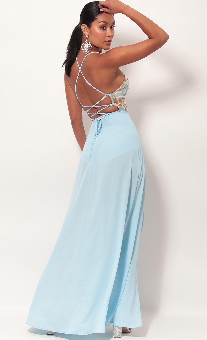 Picture Gold Lace Maxi Dress in Sky Blue. Source: https://media-img.lucyinthesky.com/data/May19_2/850xAUTO/781A1742.JPG