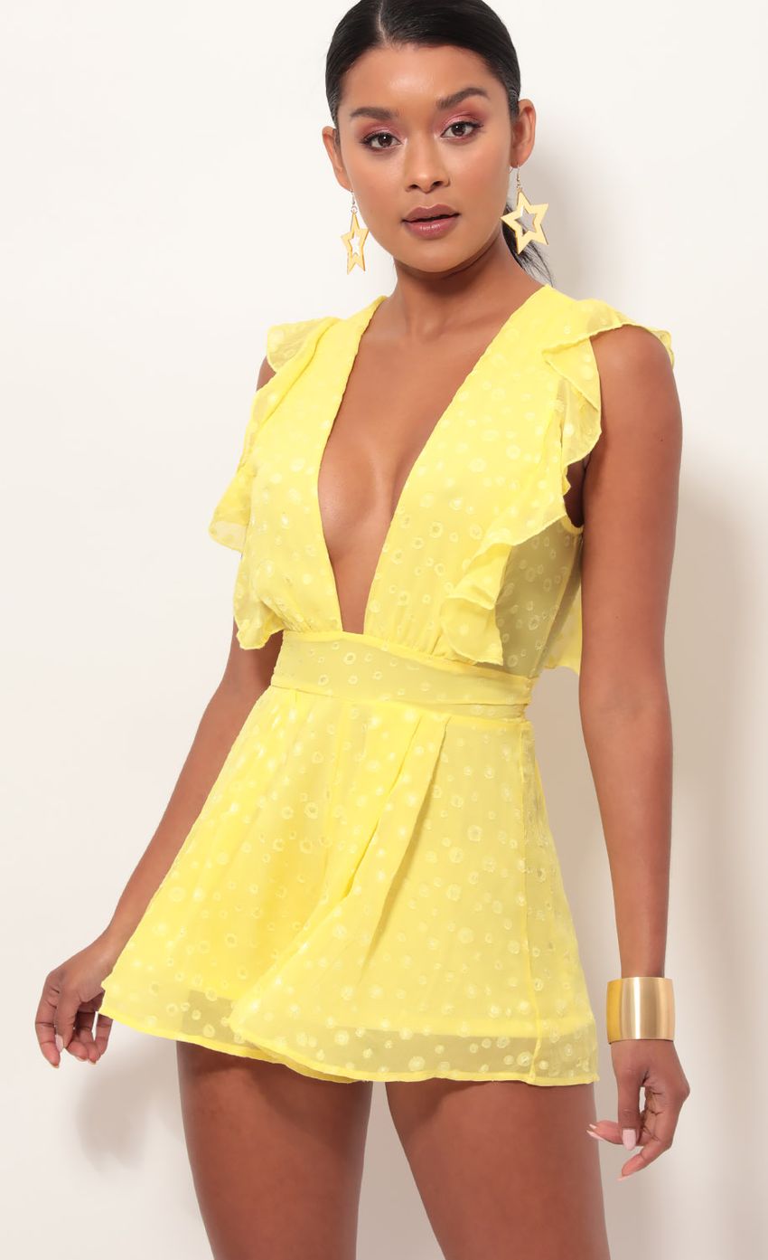Picture Layla Ruffle Romper In Yellow Dots. Source: https://media-img.lucyinthesky.com/data/May19_2/850xAUTO/781A8413.JPG