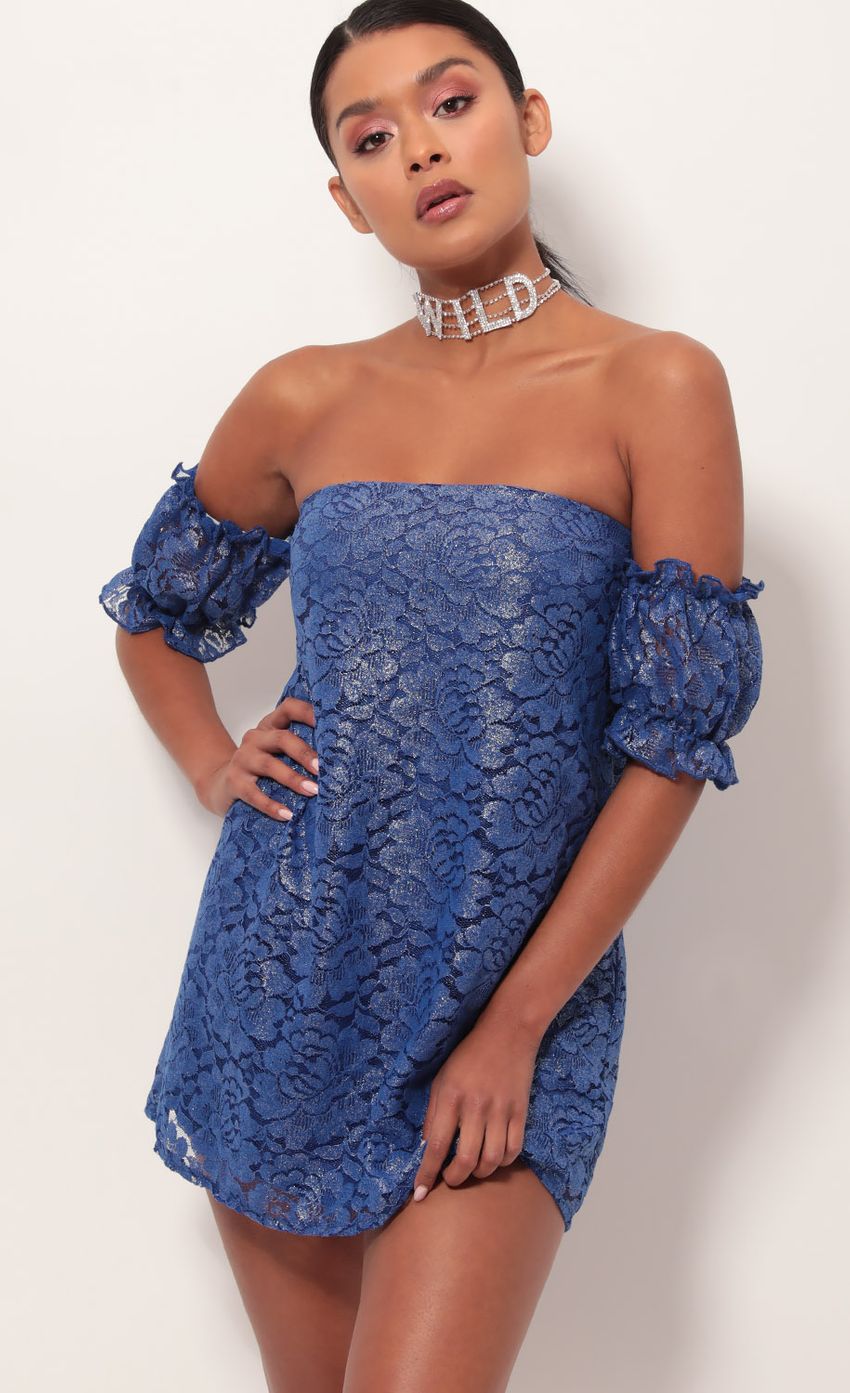 Picture Kayla Floral A-line Dress in Royal Blue. Source: https://media-img.lucyinthesky.com/data/May19_2/850xAUTO/781A9083.JPG