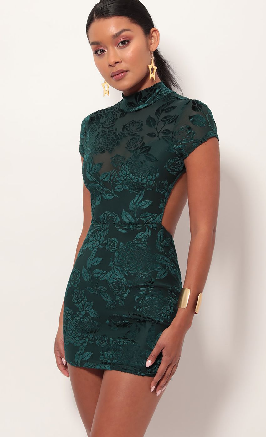 Picture Callie Open Back Velvet Dress in Hunter Green. Source: https://media-img.lucyinthesky.com/data/May19_2/850xAUTO/781A9304.JPG