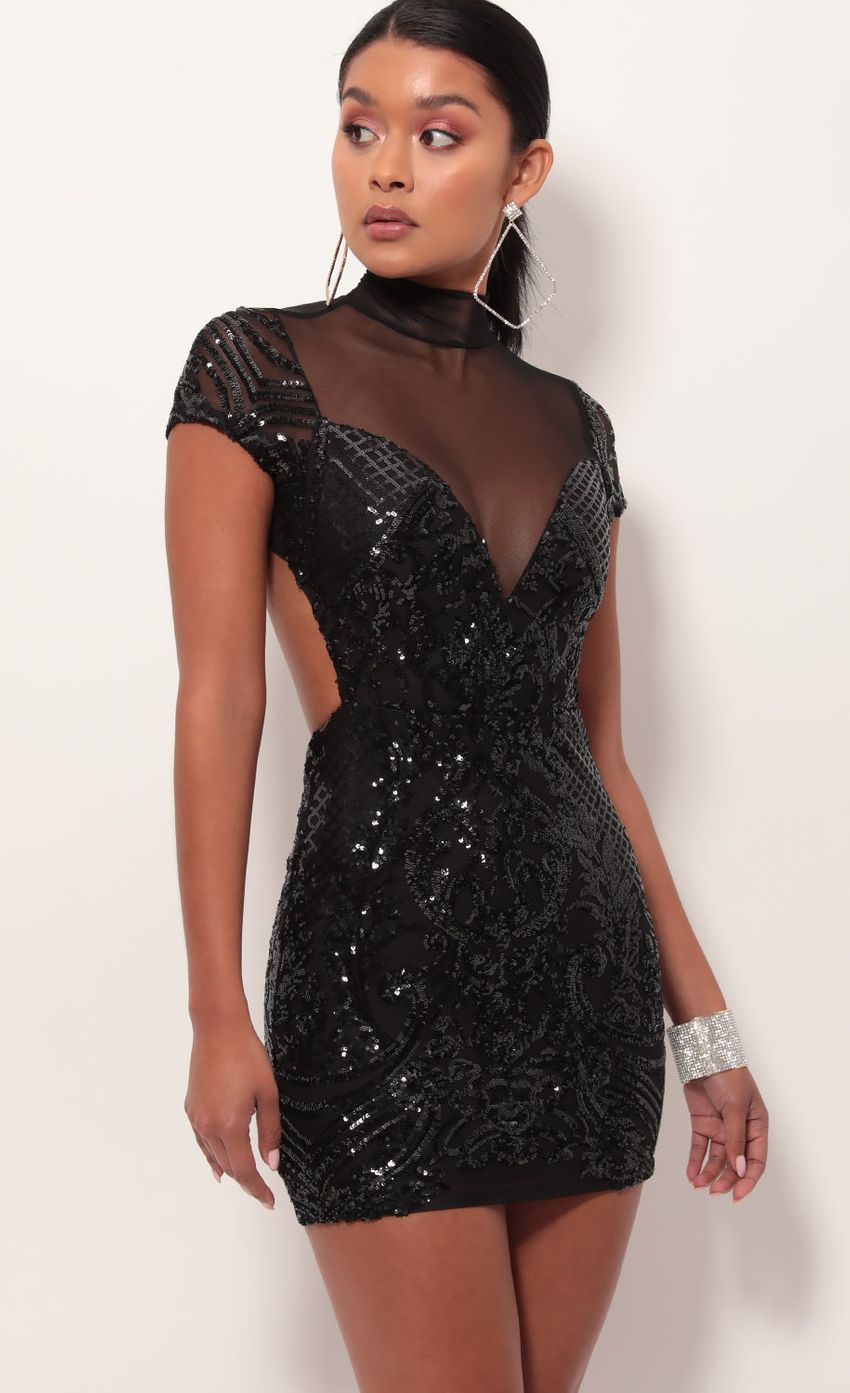 Picture Couture Evening Dress in Black Sequin. Source: https://media-img.lucyinthesky.com/data/May19_2/850xAUTO/781A9752.JPG